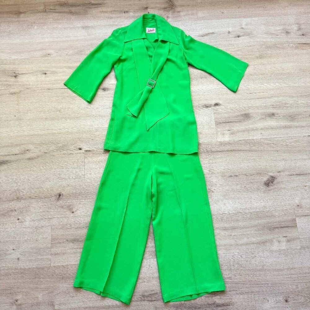 Vintage Indorables of California 60s Pants Suit Set Bright Green Retro Medium - Picture 2 of 14